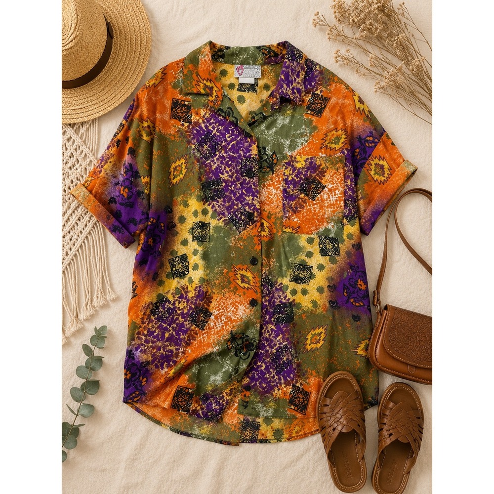 Boomerang Vintage 90s Abstract Geometric Button Down Shirt Orange Purple Green